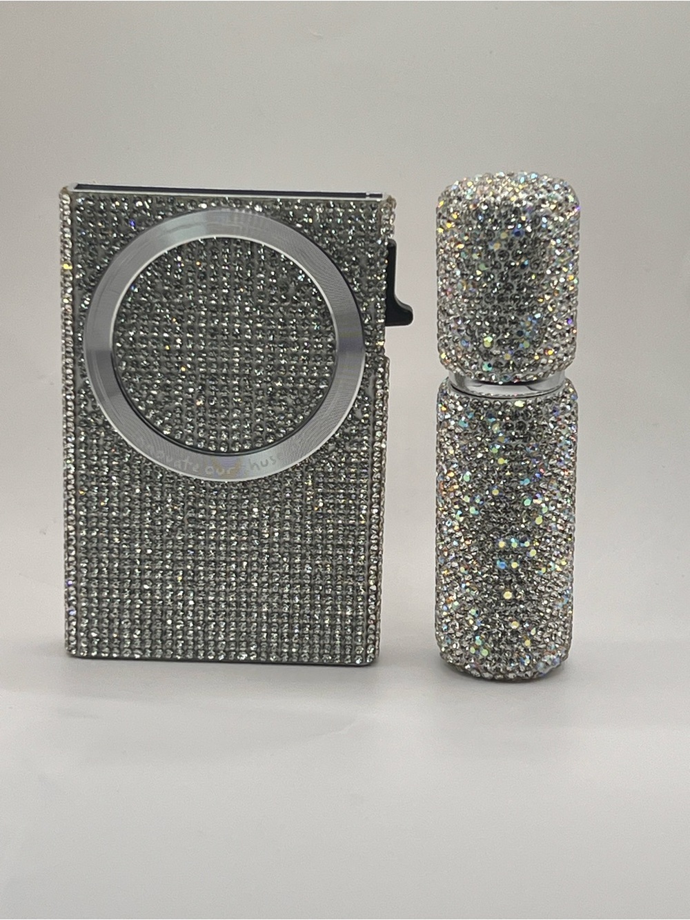 Silver Crystal-Embellished Cell Phone Ring Holder & Perfume Case Set